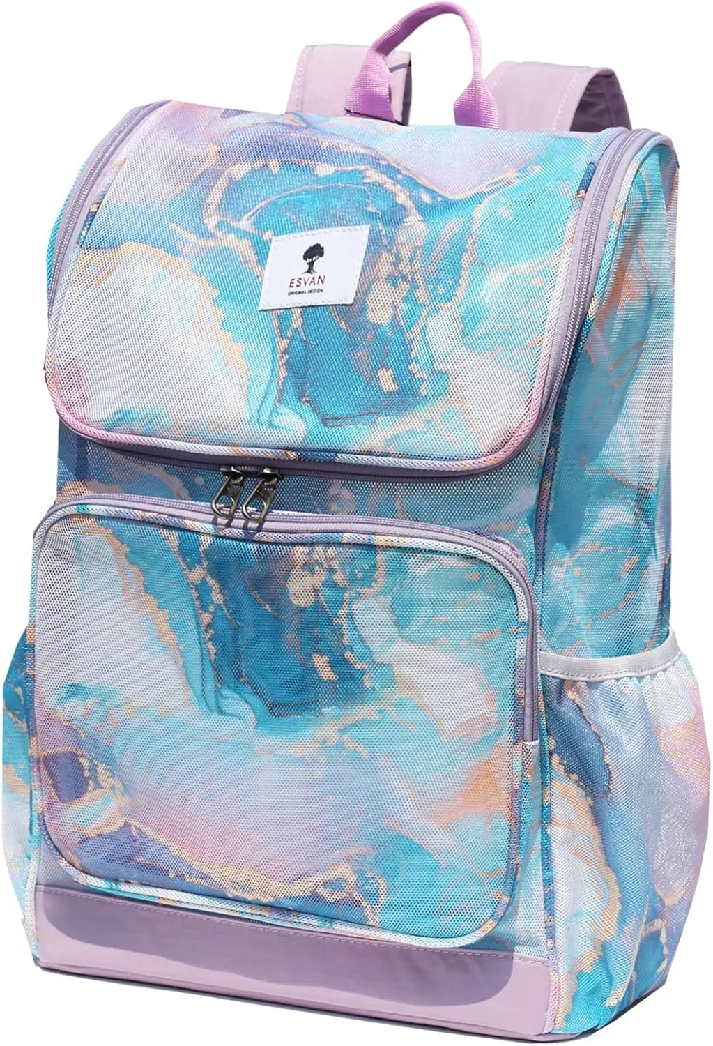 ESVAN Original Print Mesh Backpack Clear Bag See through Pack for Travel Beach Gym Multi-Purpose Women Men (C)