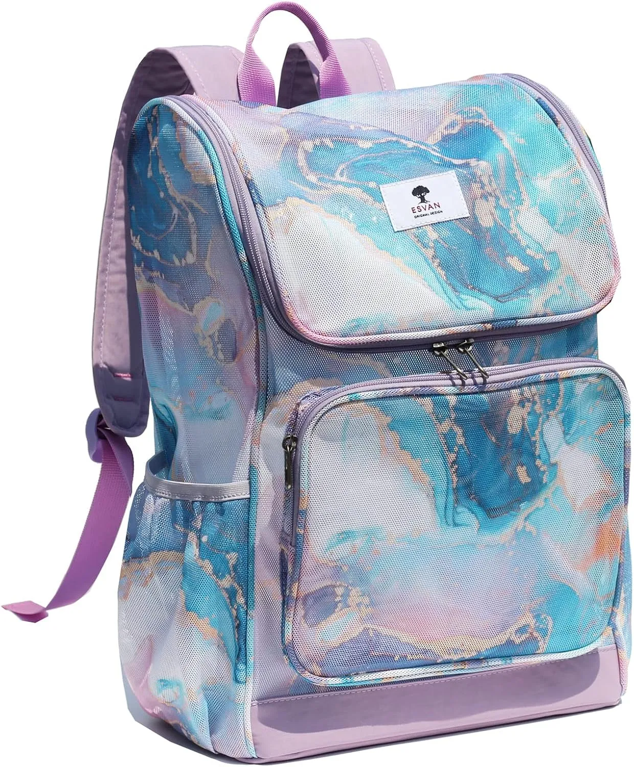 ESVAN Original Print Mesh Backpack Clear Bag See through Pack for Travel Beach Gym Multi-Purpose Women Men (C)