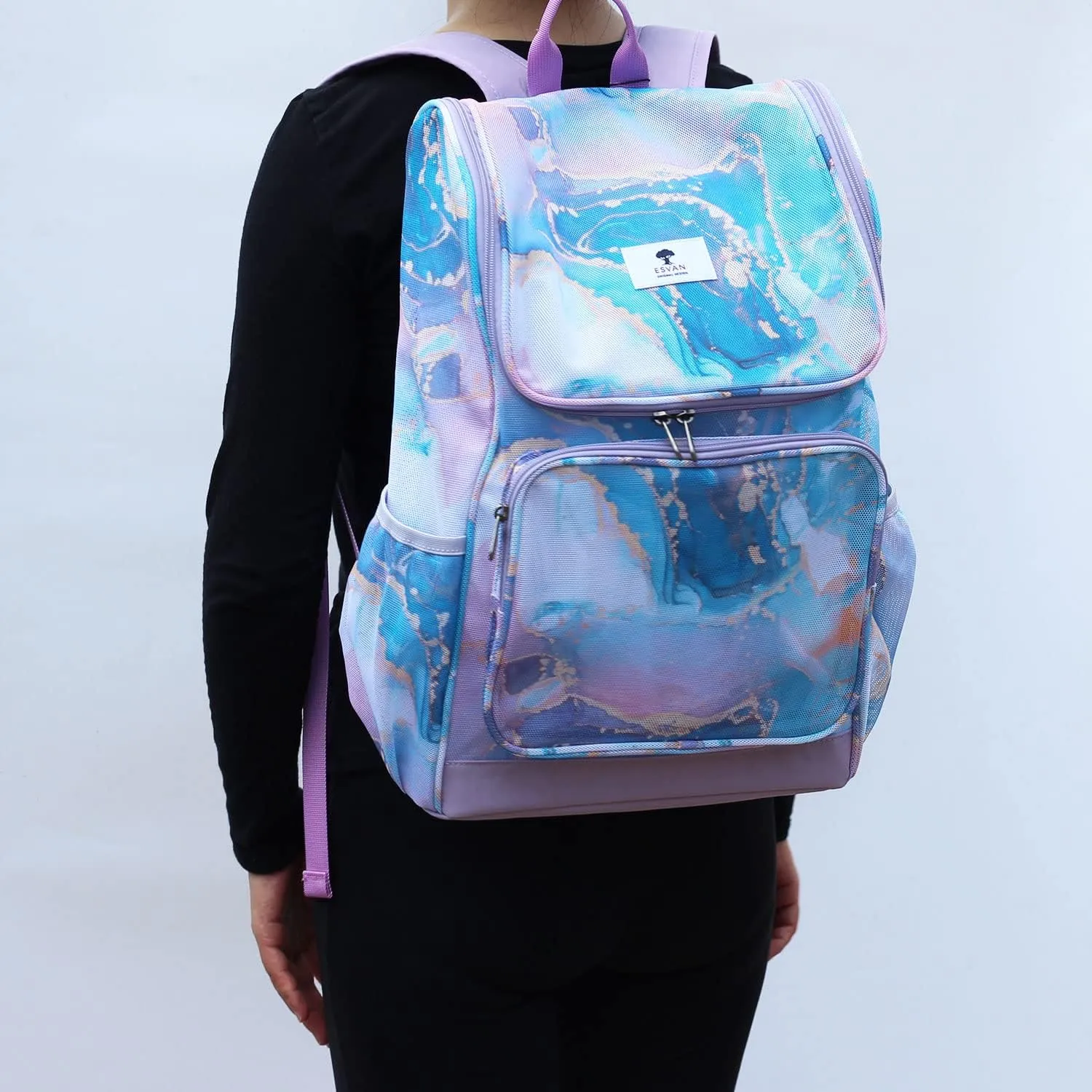 ESVAN Original Print Mesh Backpack Clear Bag See through Pack for Travel Beach Gym Multi-Purpose Women Men (C)