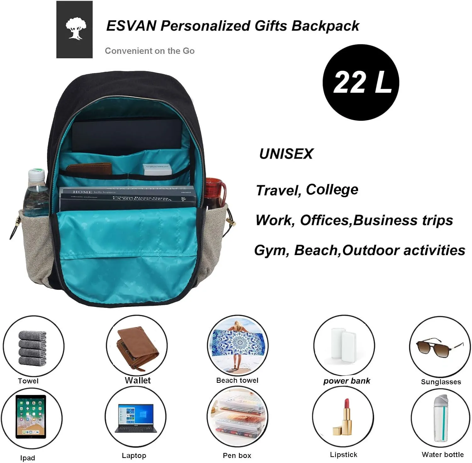 ESVAN Personalized Gifts Backpack Canvas Linen Nylon 17 inch Laptop Bag for Women Casual College