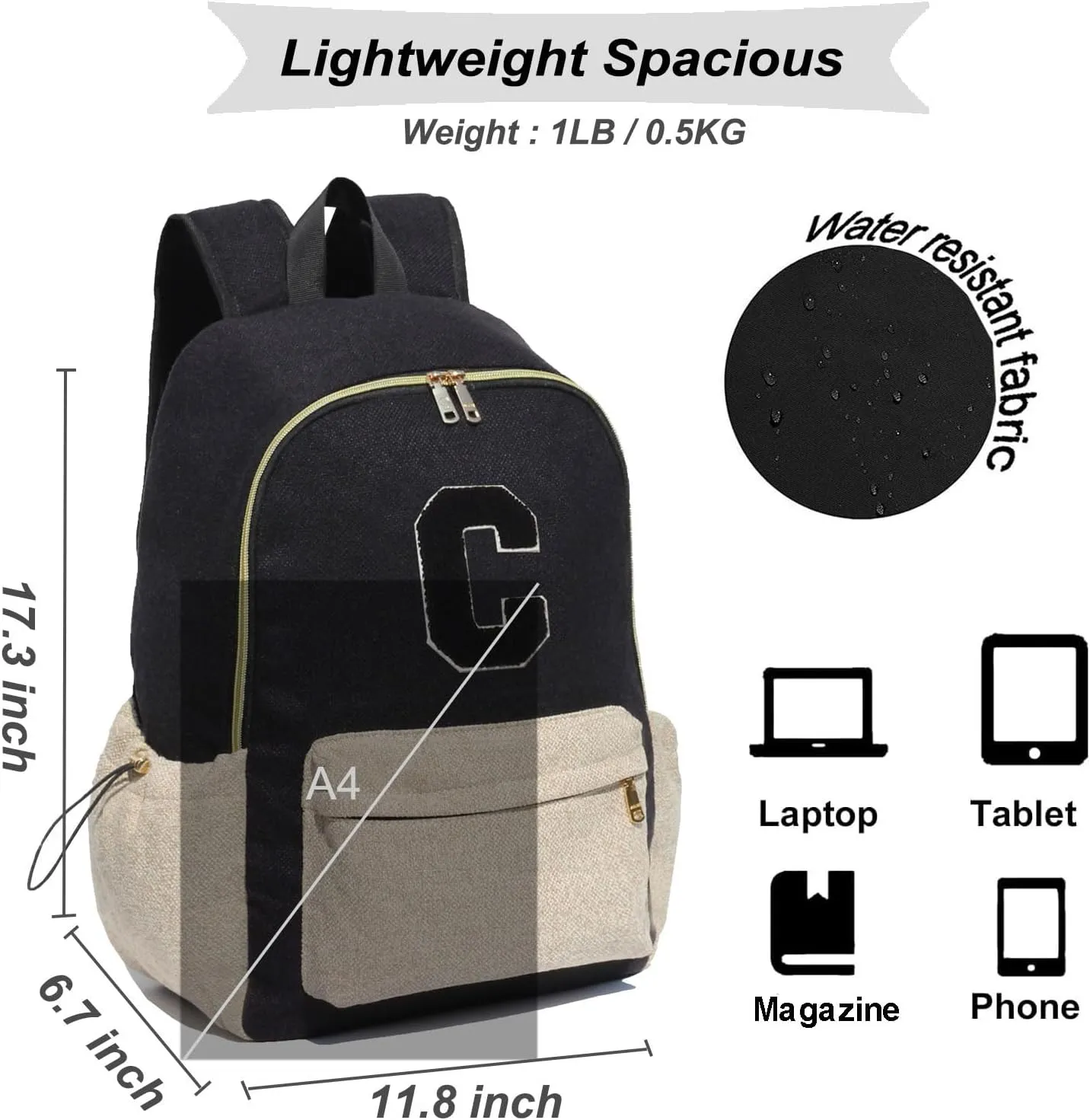 ESVAN Personalized Gifts Backpack Canvas Linen Nylon 17 inch Laptop Bag for Women Casual College