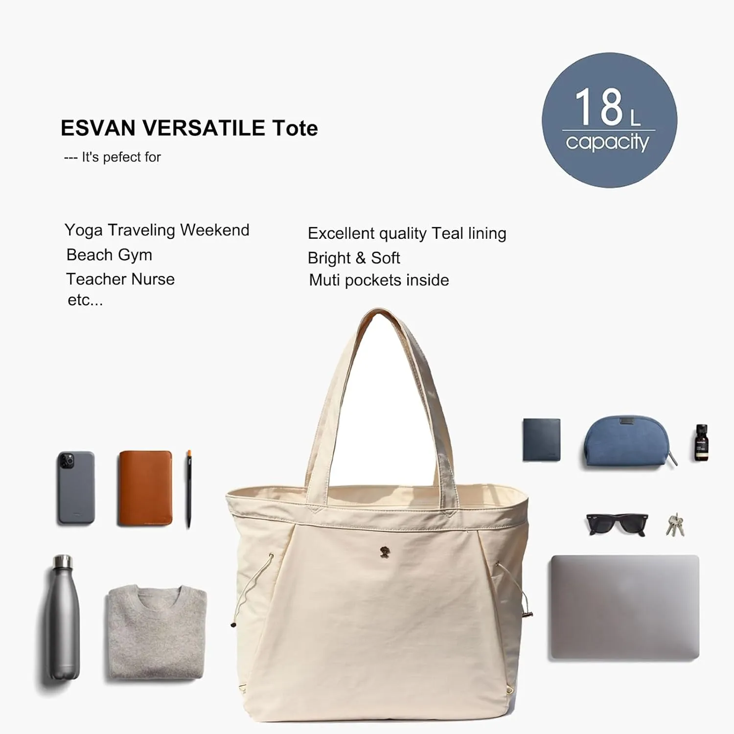 ESVAN Yoga Tote Bag for Women Shoulder Bags Drawstring for Office Workout Travel Carryall Pilates Gym and Beach