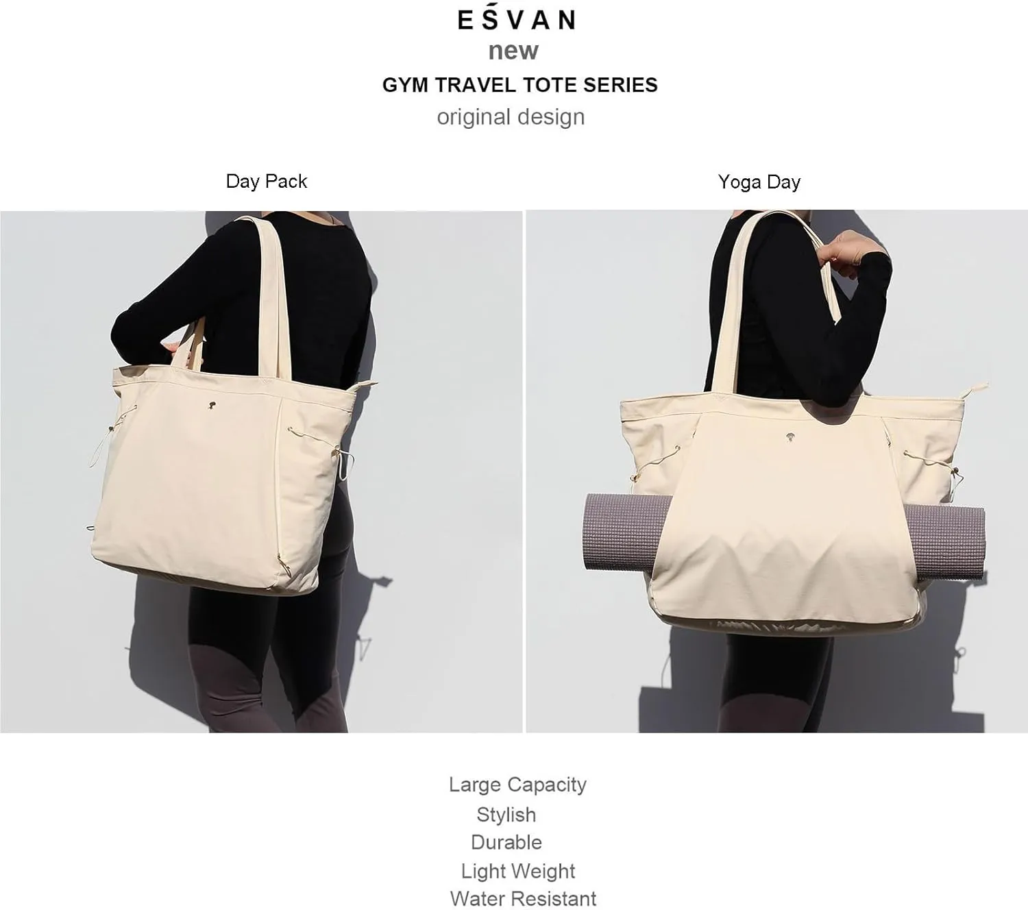 ESVAN Yoga Tote Bag for Women Shoulder Bags Drawstring for Office Workout Travel Carryall Pilates Gym and Beach
