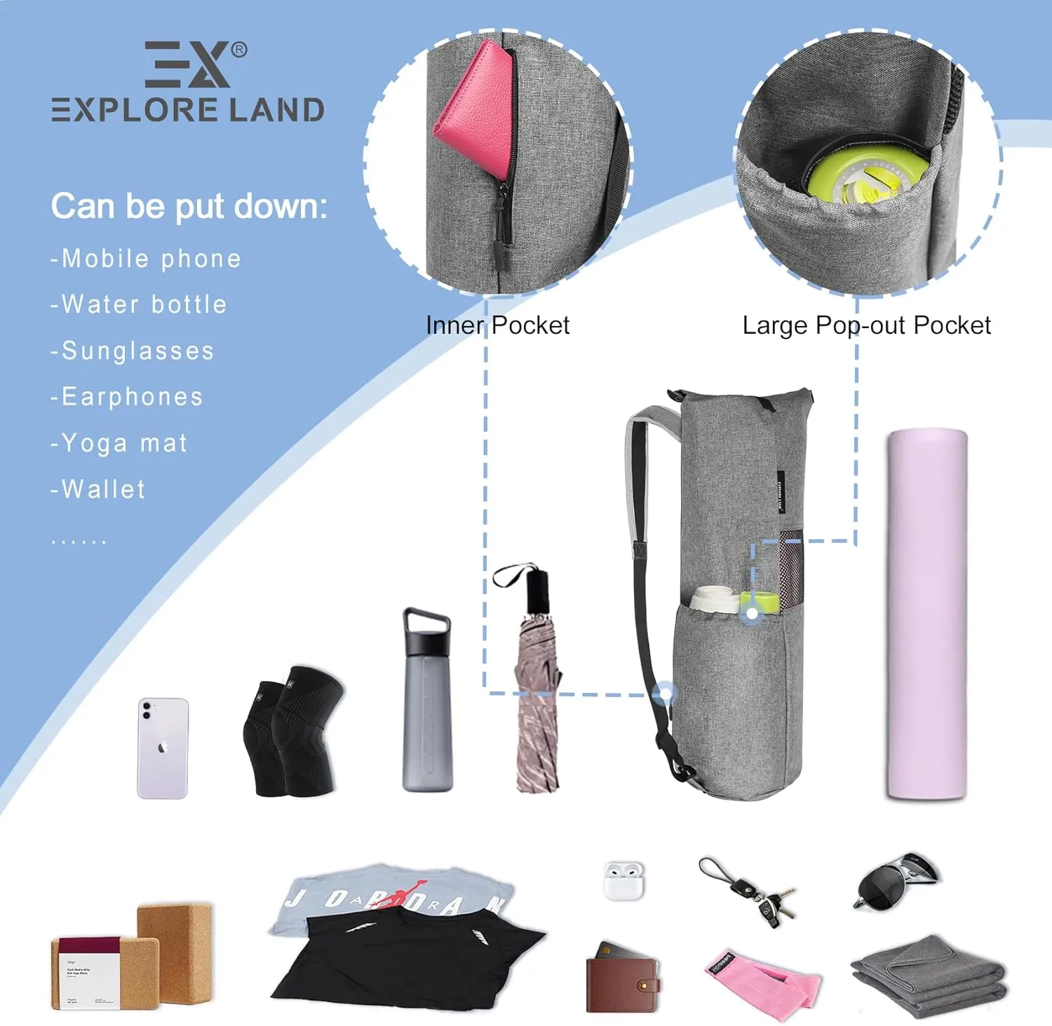 Explore Land Oxford Yoga Mat Storage Bag with Breathable Mesh Window and Large Pockets