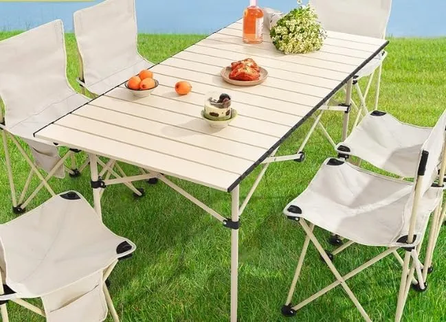 Explorer Portable Camping Table and Chair Set, 37x22x20 Inches, Aluminum Frame with Canvas Seats, Beige