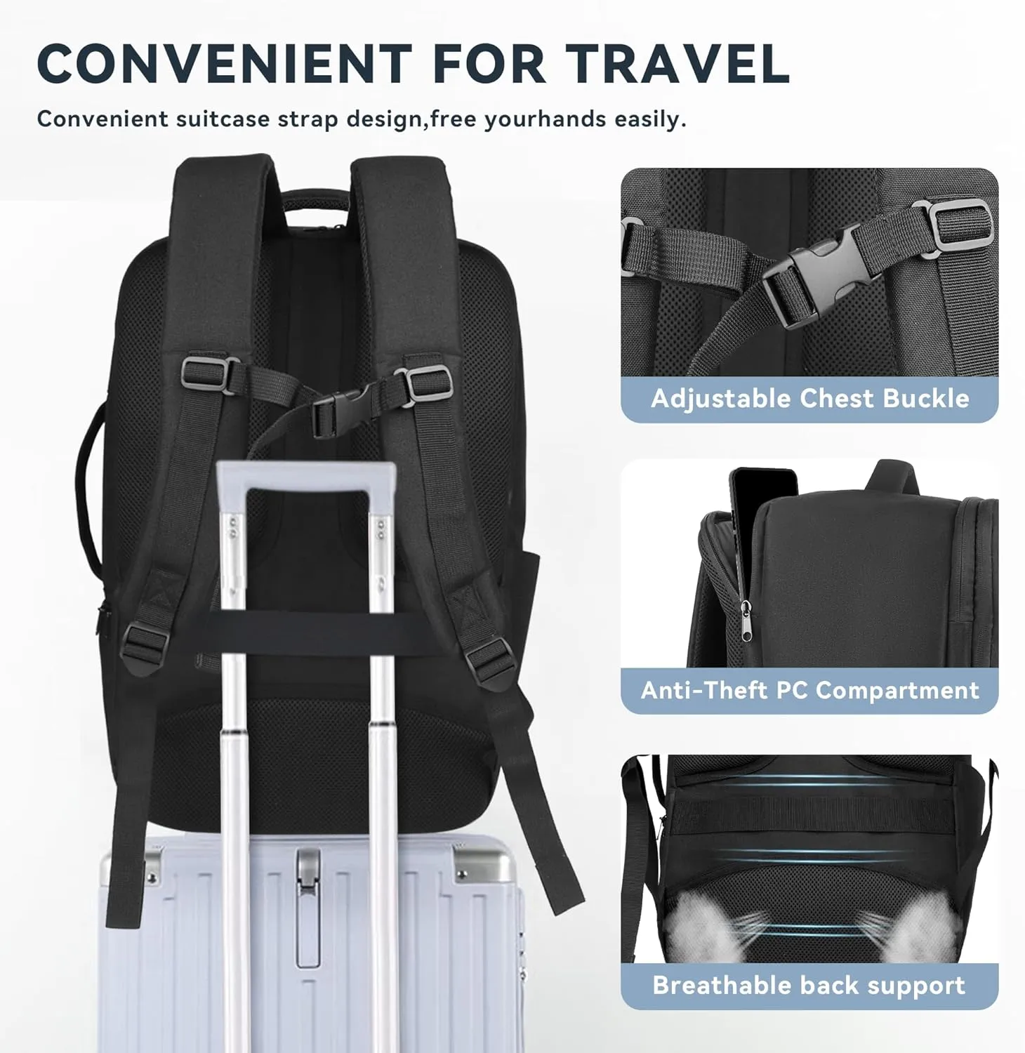 Extra Large 50L Travel Backpack Carry On Flight Approved, Luggage Backpack with Shoes Pouch, Suitcase Backpacks With 3 Packing Cubes, Personal Item Travel Bag, Black