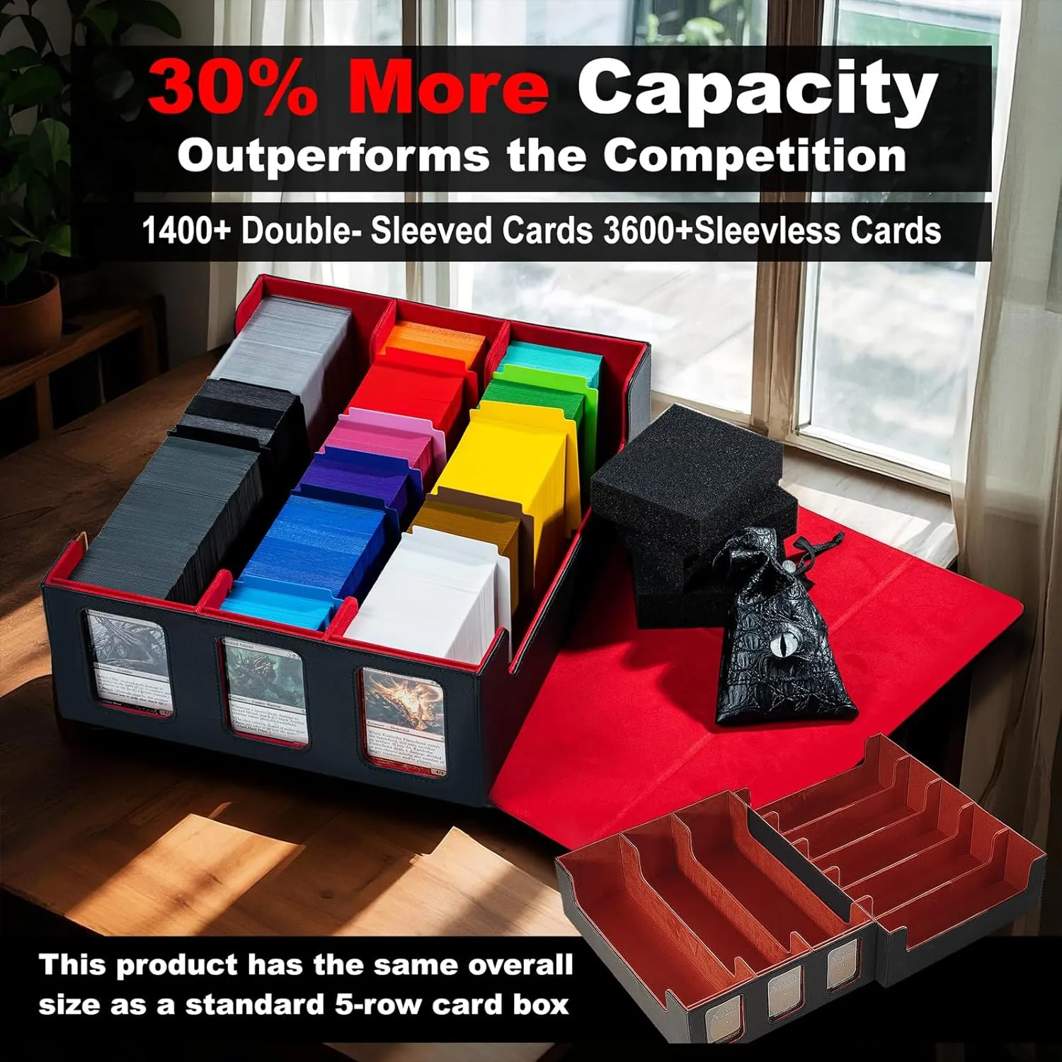 Extra Large Card Storage Box Holds 3600  Cards Compatible with 12 Small Deck Boxes, Includes Cthulhu Dice Bag, 10 Colorful Dividers, 4 Protective Foam Pads, Perfect for MTG （Black/Red）