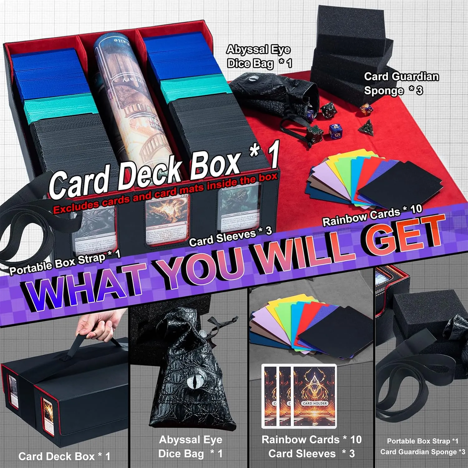Extra Large Card Storage Box Holds 3600  Cards Compatible with 12 Small Deck Boxes, Includes Cthulhu Dice Bag, 10 Colorful Dividers, 4 Protective Foam Pads, Perfect for MTG （Black/Red）