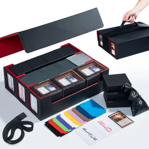 Extra Large Card Storage Box Holds 3600  Cards Compatible with 12 Small Deck Boxes, Includes Cthulhu Dice Bag, 10 Colorful Dividers, 4 Protective Foam Pads, Perfect for MTG （Black/Red）