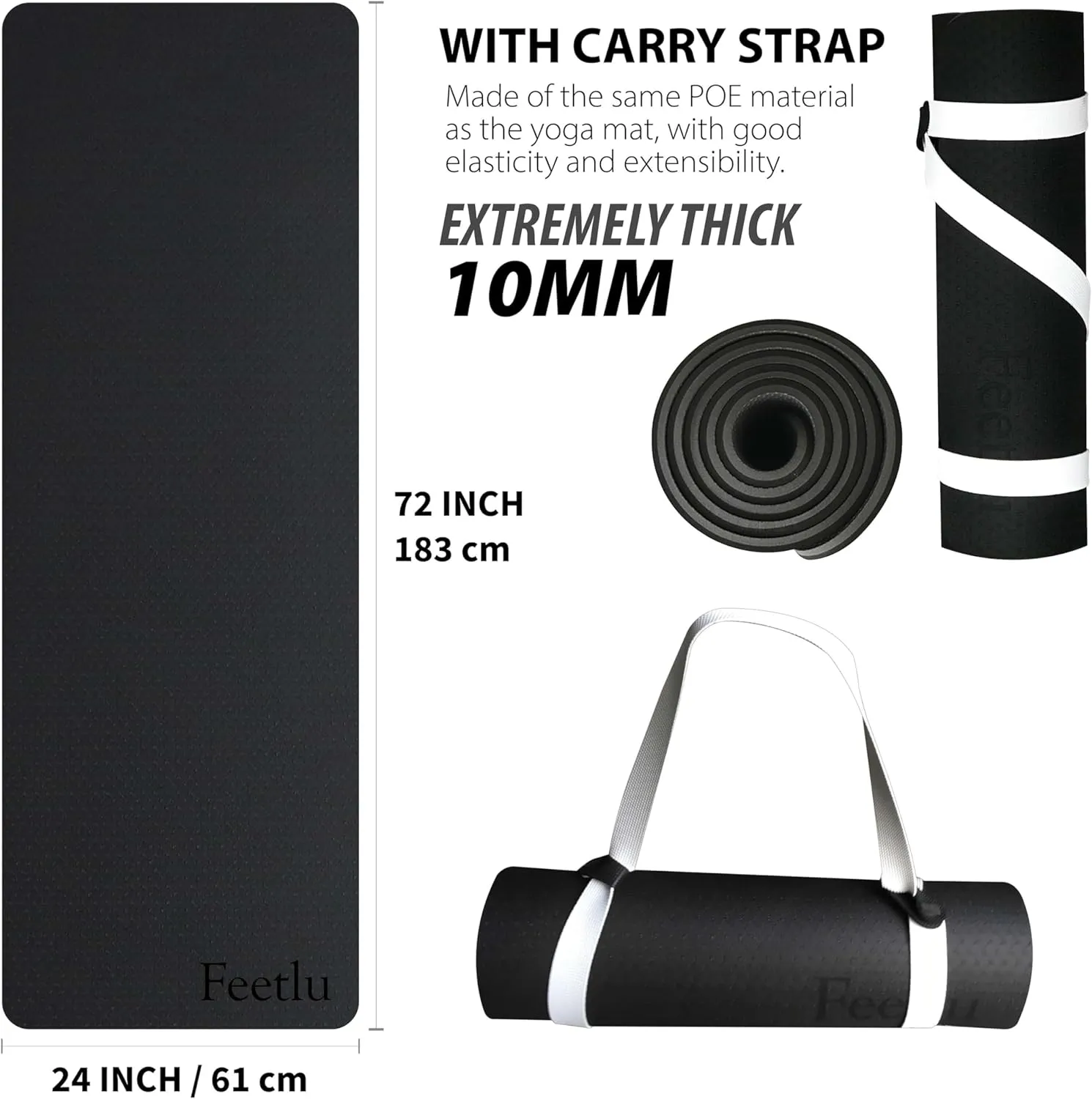 Extra Thick Exercise Yoga Mat with Strap - 2/5 Inch (10MM), Non-Slip Workout Mat for Yoga, Pilates, and Floor Exercises