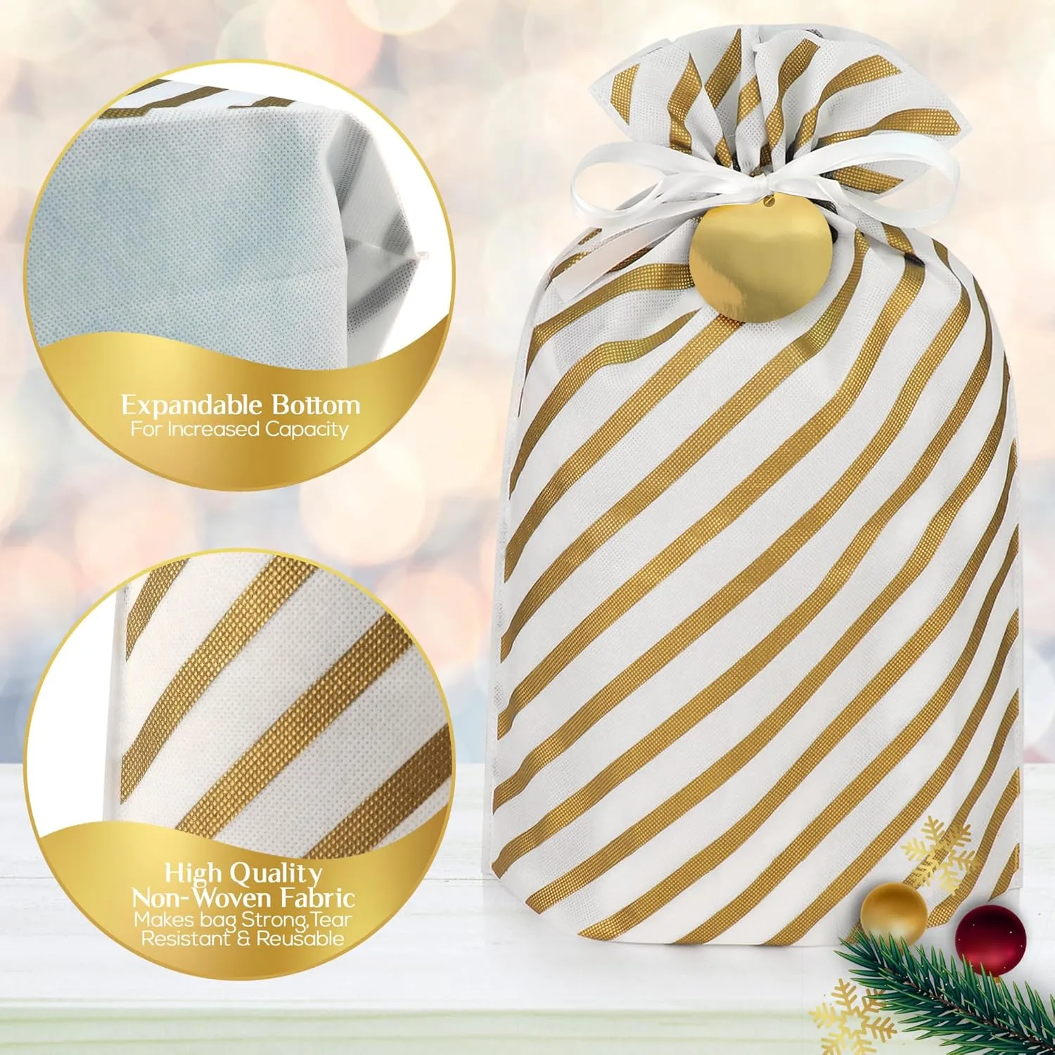 Fabric Gift Bags for Christmas Presents - 6 Pcs Christmas Bags with Drawstring, Large Christmas Gift Bags for Presents, Christmas Gift Wrap Reusable Christmas Bags for Gifts (Gold, Assorted Sizes)