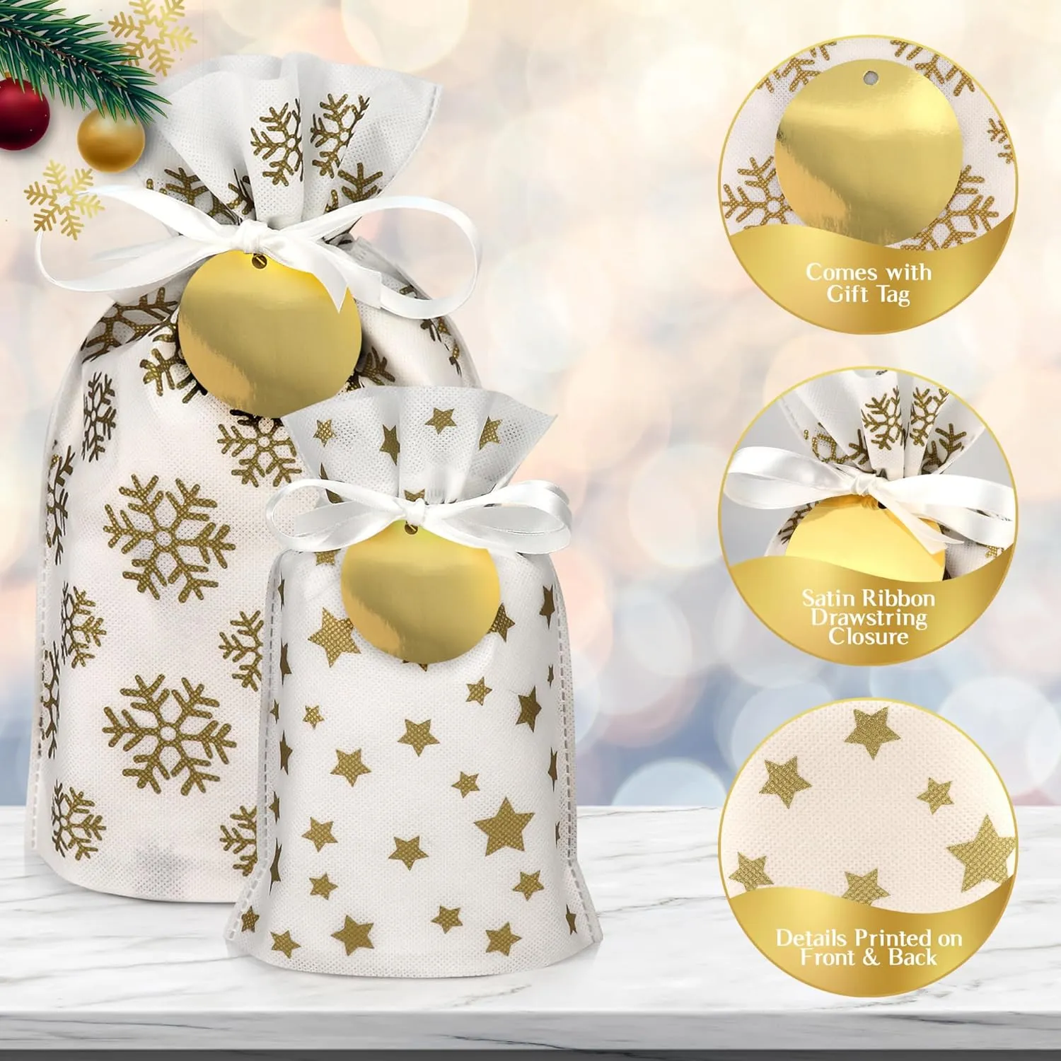 Fabric Gift Bags for Christmas Presents - 6 Pcs Christmas Bags with Drawstring, Large Christmas Gift Bags for Presents, Christmas Gift Wrap Reusable Christmas Bags for Gifts (Gold, Assorted Sizes)