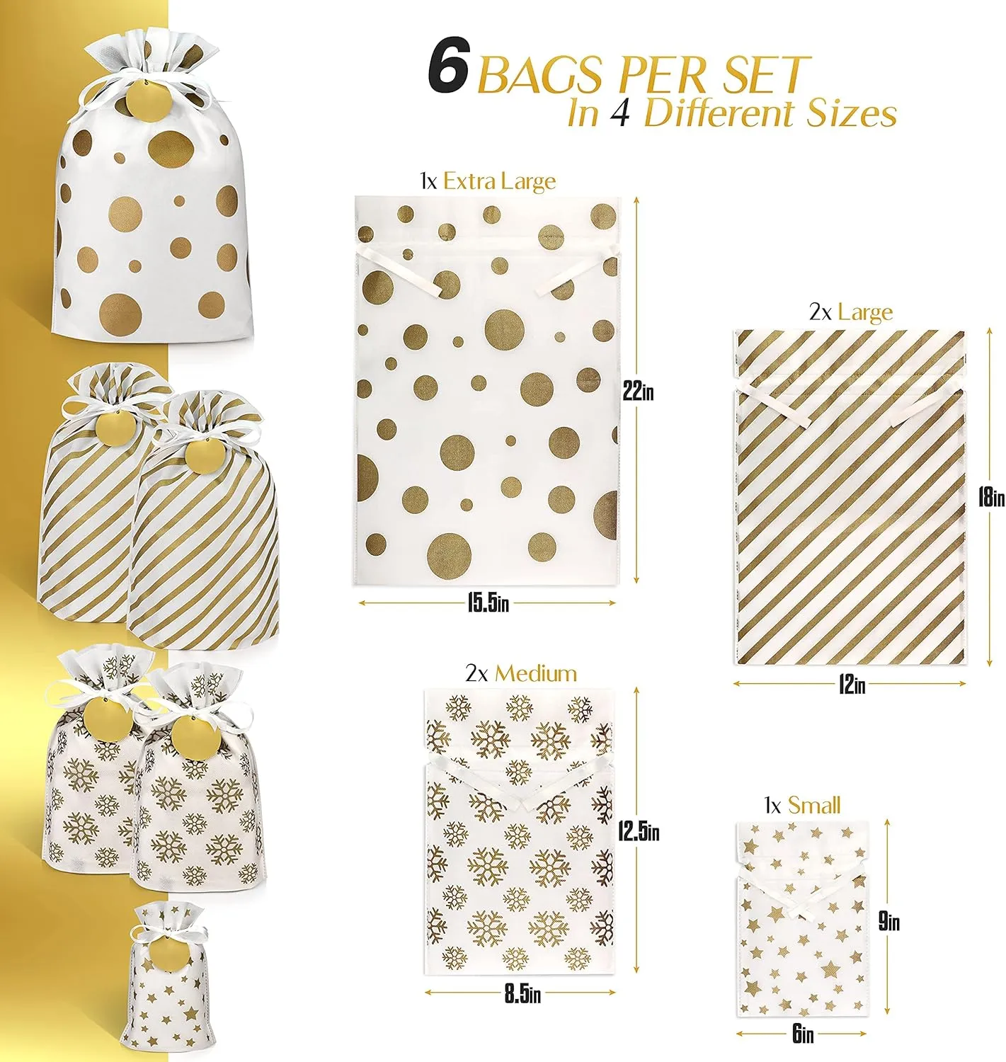 Fabric Gift Bags for Christmas Presents - 6 Pcs Christmas Bags with Drawstring, Large Christmas Gift Bags for Presents, Christmas Gift Wrap Reusable Christmas Bags for Gifts (Gold, Assorted Sizes)