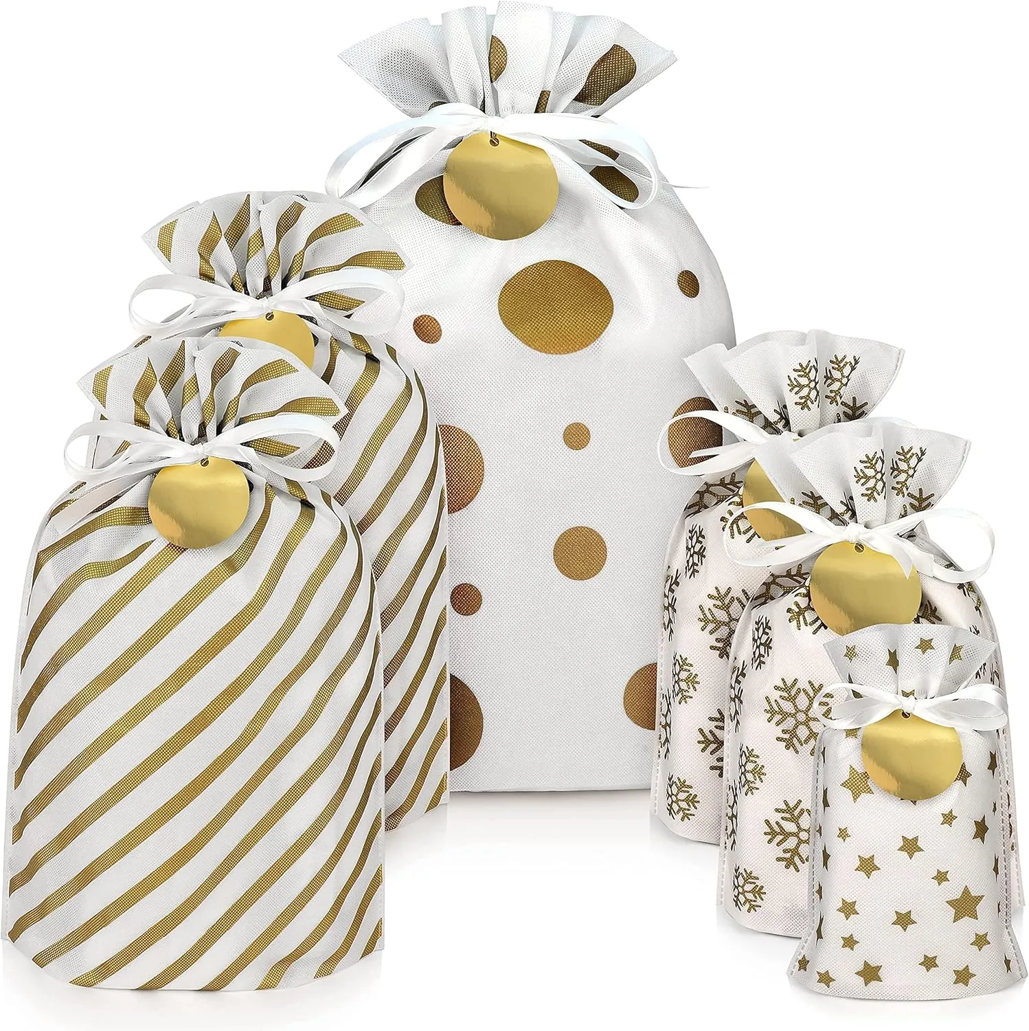 Fabric Gift Bags for Christmas Presents - 6 Pcs Christmas Bags with Drawstring, Large Christmas Gift Bags for Presents, Christmas Gift Wrap Reusable Christmas Bags for Gifts (Gold, Assorted Sizes)