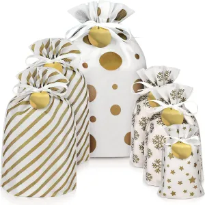 Fabric Gift Bags for Christmas Presents - 6 Pcs Christmas Bags with Drawstring, Large Christmas Gift Bags for Presents, Christmas Gift Wrap Reusable Christmas Bags for Gifts (Gold, Assorted Sizes)