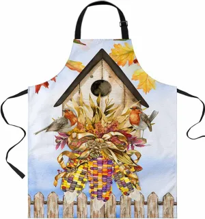 Fall Bird House Waterproof Apron With Pockets, Maple Leaves Colored Corn Wood Fence Kitchen Chefs Bib Cooking BBQ Grill Bake Adjustable Aprons for Women/Kids Home Garden Grooming Painting Gardening