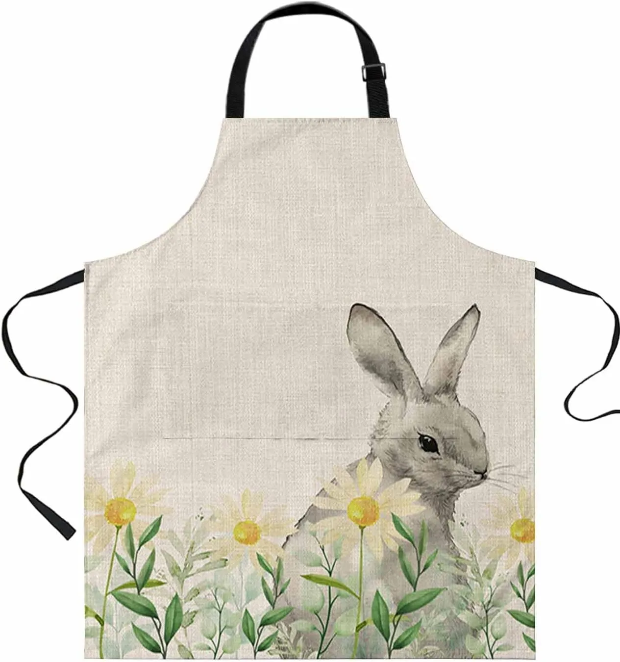 Fall Flower Rabbit Waterproof Apron With Pockets, Autumn Daisy Foral Country Beige Kitchen Chefs Bib Cooking BBQ Grill Bake Adjustable Aprons for Women/Kids Home Garden Grooming Painting Gardening