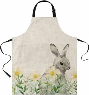 Fall Flower Rabbit Waterproof Apron With Pockets, Autumn Daisy Foral Country Beige Kitchen Chefs Bib Cooking BBQ Grill Bake Adjustable Aprons for Women/Kids Home Garden Grooming Painting Gardening