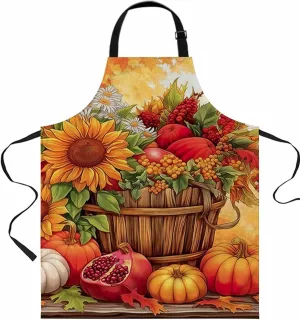 Fall Sunflower Pumpkin Waterproof Apron With Pockets,Farmhouse Orange Maple Leaf Fruits Kitchen Chefs Bib Cooking BBQ Grill Bake Adjustable Aprons for Women Home Garden Grooming Painting Gardening