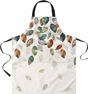 Fall Teal Green Leaves Waterproof Apron With Pockets, Thanksgiving Autumn Eucalyptus Kitchen Chefs Bib Cooking BBQ Grill Bake Adjustable Aprons for Women/Kids Home Garden Grooming Painting Gardening