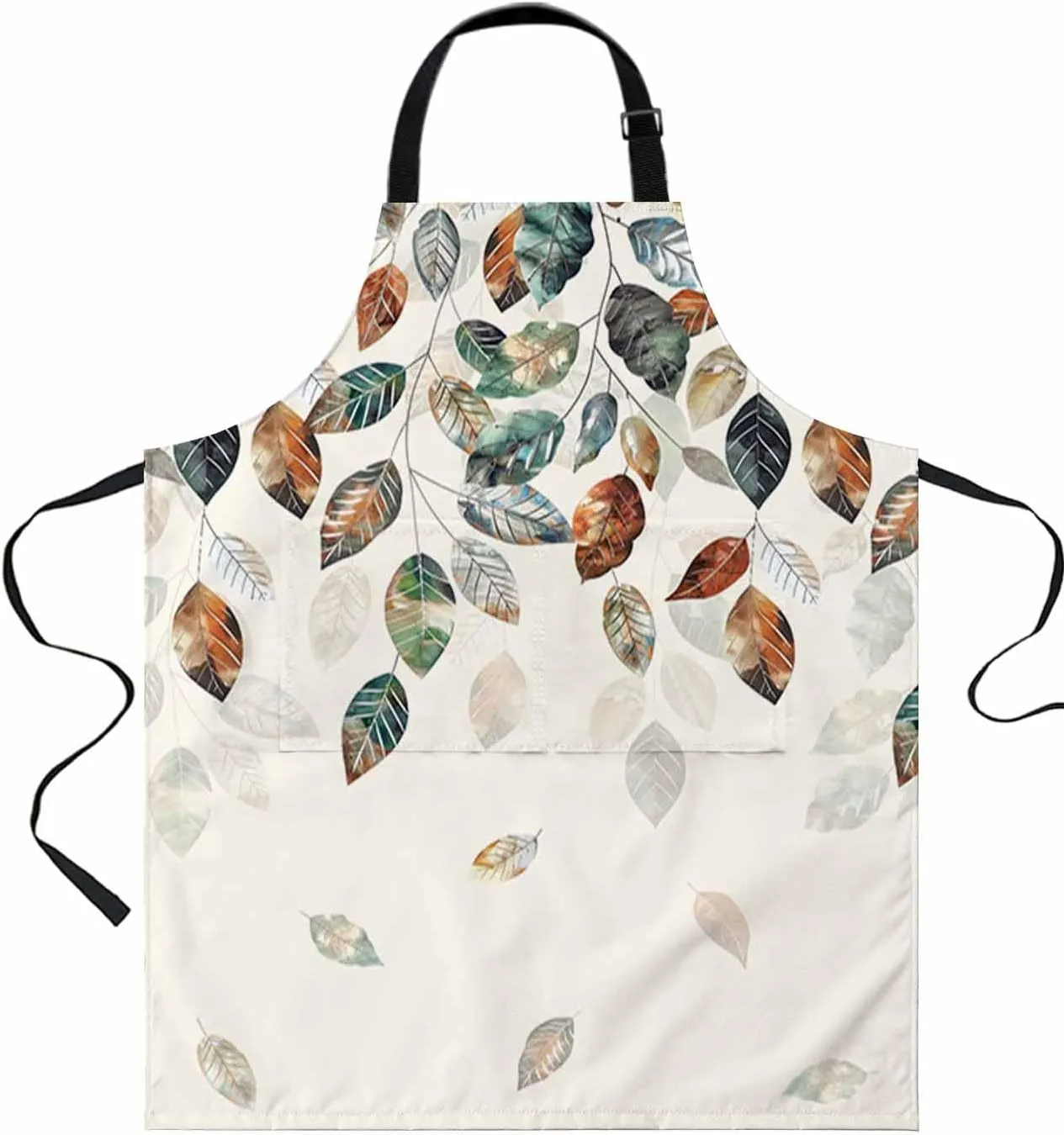 Fall Teal Green Leaves Waterproof Apron With Pockets, Thanksgiving Autumn Eucalyptus Kitchen Chefs Bib Cooking BBQ Grill Bake Adjustable Aprons for Women/Kids Home Garden Grooming Painting Gardening
