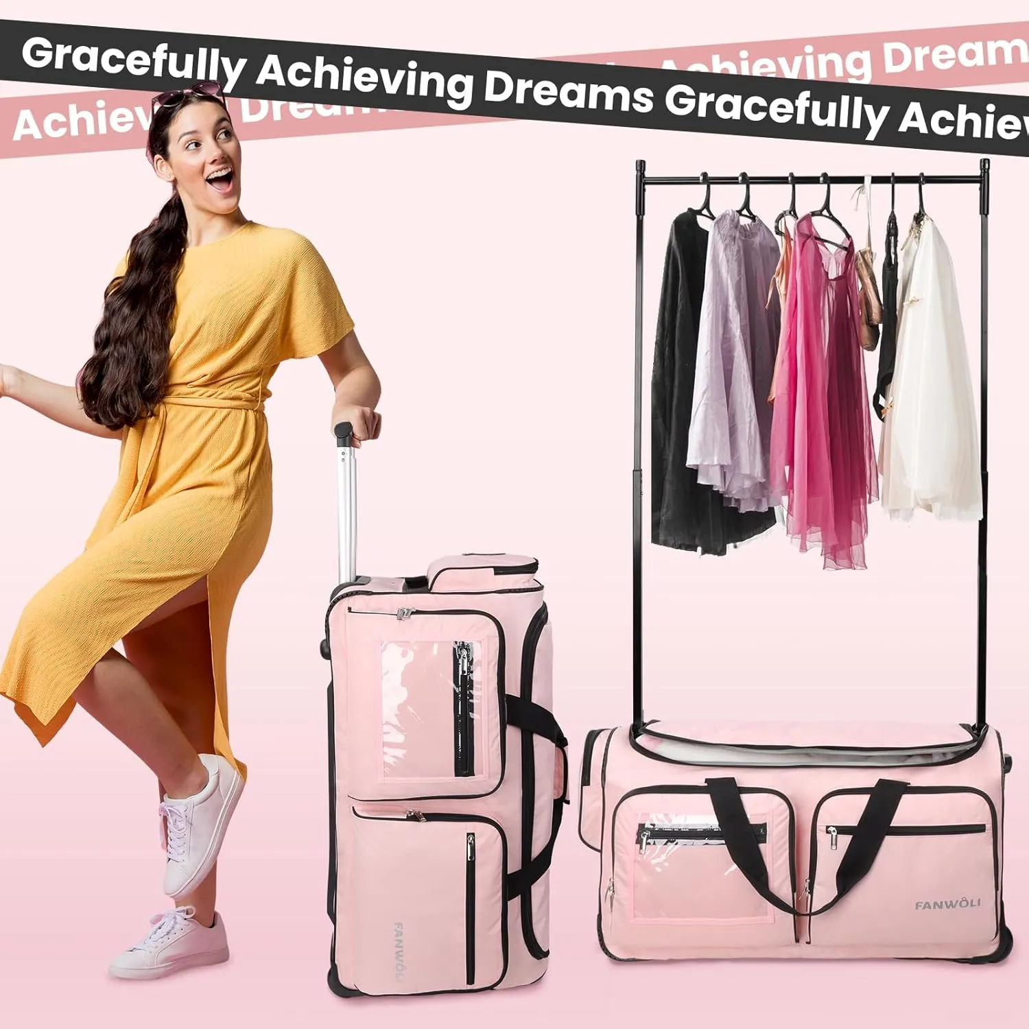 Fanwoli 28" Dance Bag with Garment Rack | Upgraded Stable System & Fabric | More Lightweight & Wear-Resistant | Ideal Competition Rolling Duffle Bag | Pink/Black Trim