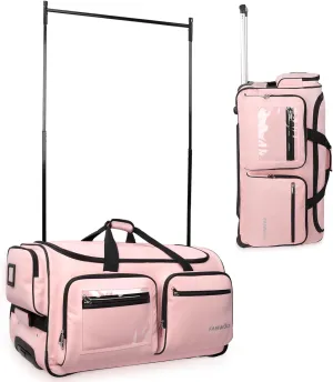 Fanwoli 28" Dance Bag with Garment Rack | Upgraded Stable System & Fabric | More Lightweight & Wear-Resistant | Ideal Competition Rolling Duffle Bag | Pink/Black Trim