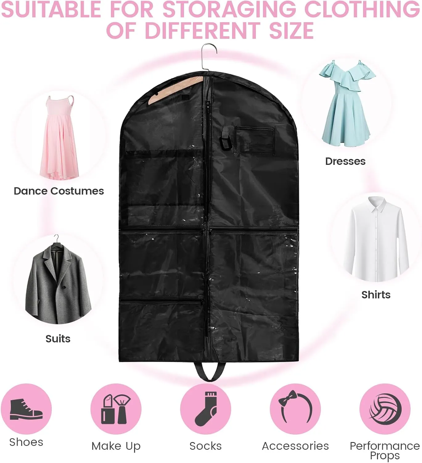 Fanwoli Clear PVC Dance Costume Bags (4 Pack), 40 Inch Garment Bag for Dance Competitions, Cheerleader Uniform Bag, with 4 Zipper Pockets