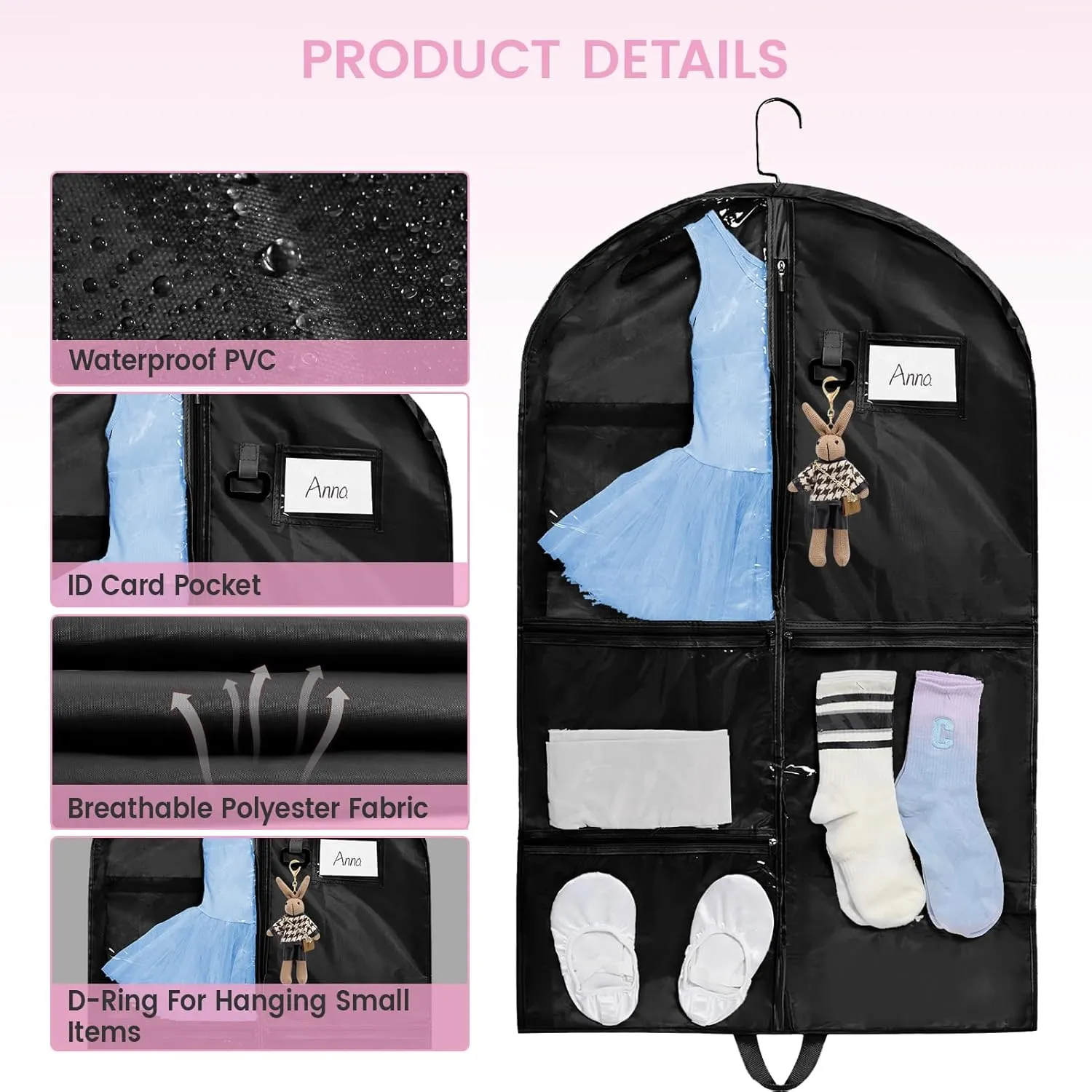 Fanwoli Clear PVC Dance Costume Bags (4 Pack), 40 Inch Garment Bag for Dance Competitions, Cheerleader Uniform Bag, with 4 Zipper Pockets
