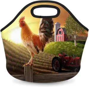 Farmhouse Rooster Farmland Neoprene Lunch Bag Soft Washable Lunch Box Reusable Insulated Lunch Bag Lightweight Meal Prep Bags for Office Work Picnic Beach
