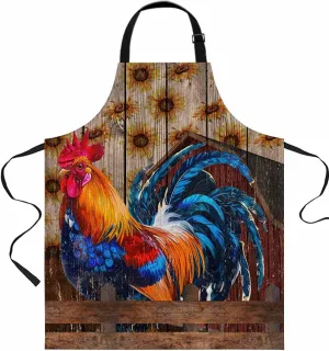 Farmhouse Rooster Waterproof Apron With Pockets,Rustic Sunflower Farm Wood Grain Brown Kitchen Chefs Bib Cooking BBQ Grill Bake Adjustable Aprons for Women/Kids Home Garden Grooming Painting Gardening