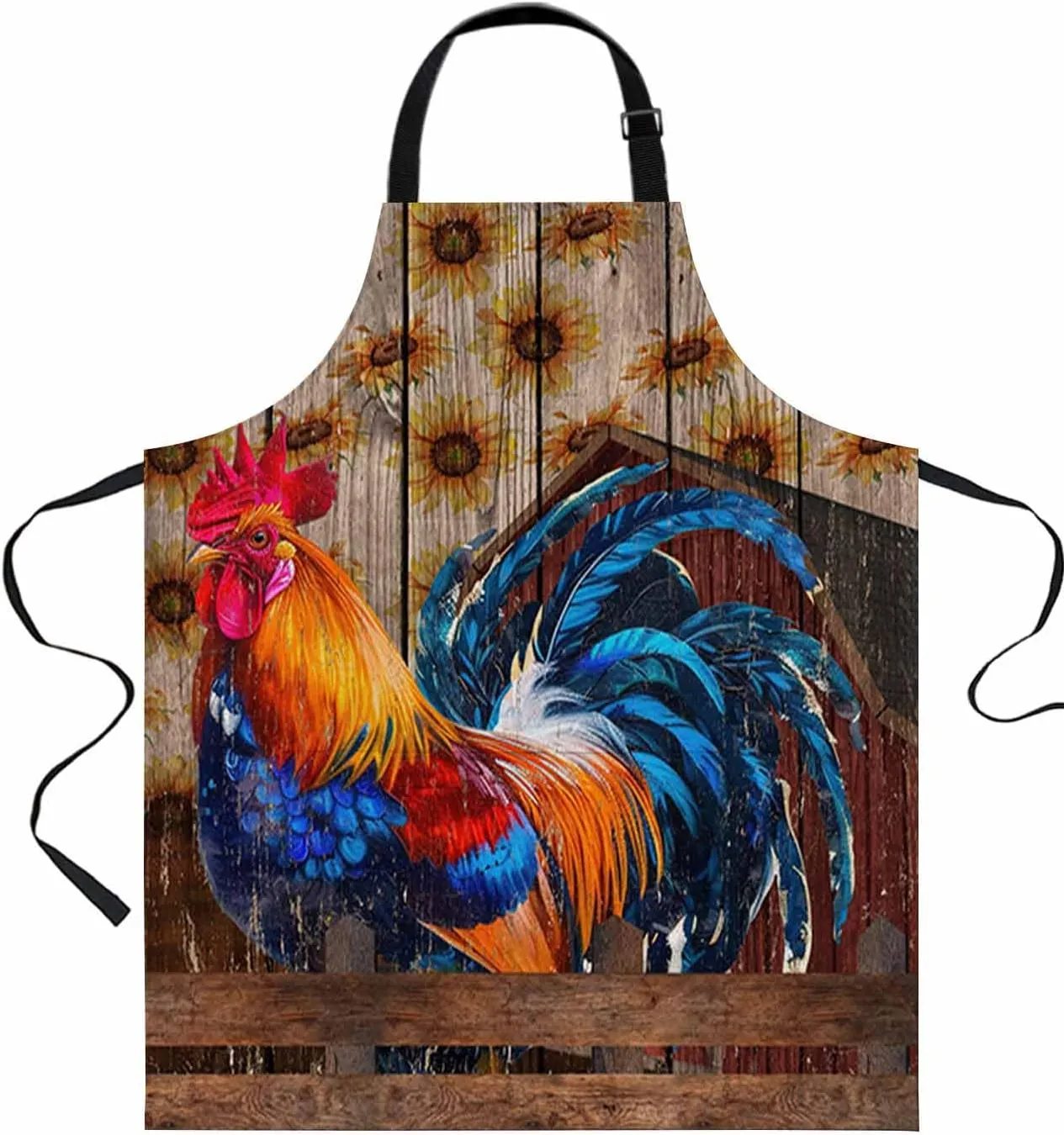Farmhouse Rooster Waterproof Apron With Pockets,Rustic Sunflower Farm Wood Grain Brown Kitchen Chefs Bib Cooking BBQ Grill Bake Adjustable Aprons for Women/Kids Home Garden Grooming Painting Gardening