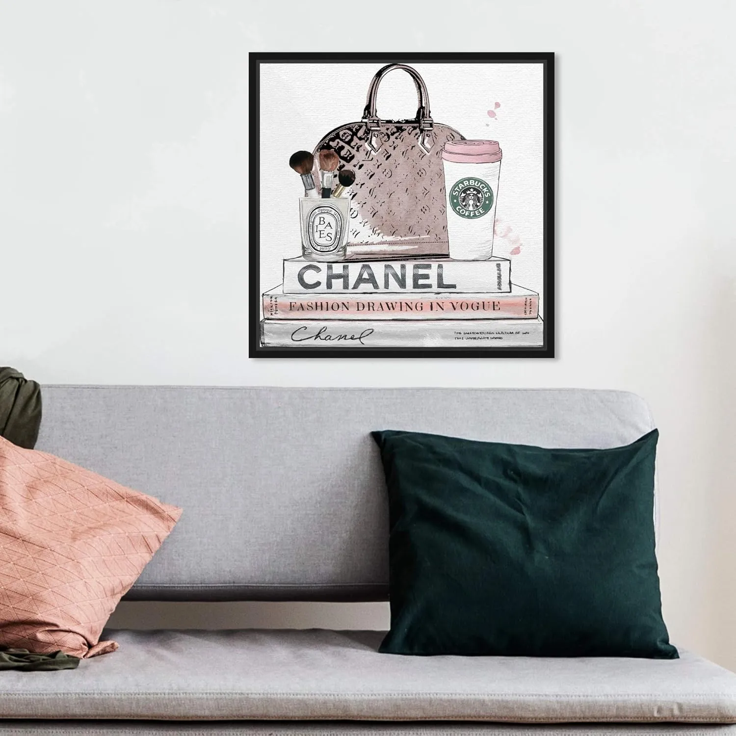 Fashion and Glam Framed Wall Art Canvas Prints 'Blush and Make Up Brush' Handbags