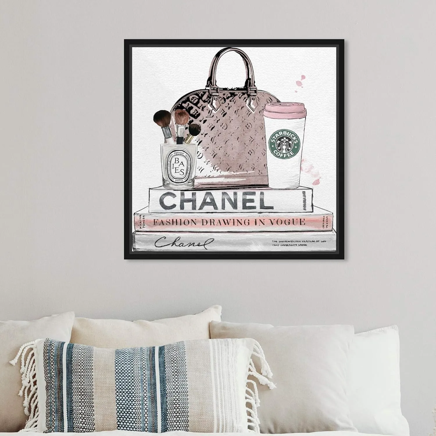 Fashion and Glam Framed Wall Art Canvas Prints 'Blush and Make Up Brush' Handbags
