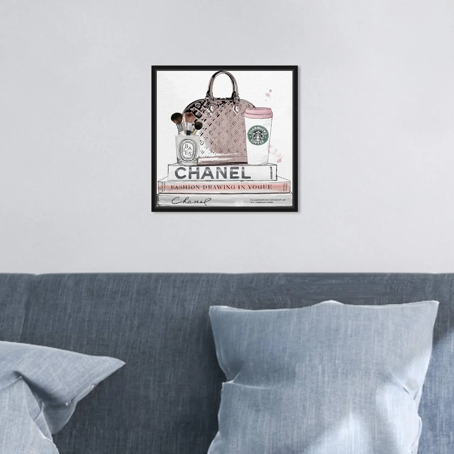 Fashion and Glam Framed Wall Art Canvas Prints 'Blush and Make Up Brush' Handbags