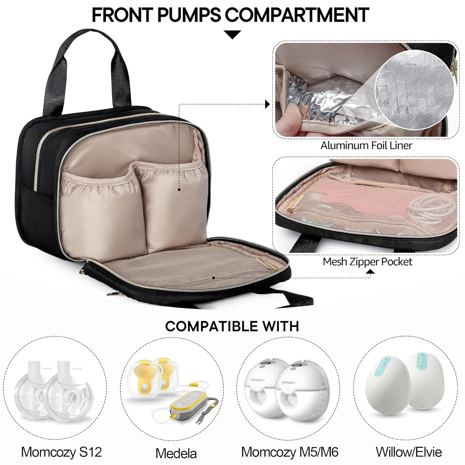 Fasrom Wearable Breast Pump Bag with Cooler Compatible with Momcozy, Medela and Elvie Pumps, Portable Pump Carrying Case for Working Moms, Black (Bag Only, Patent Design)