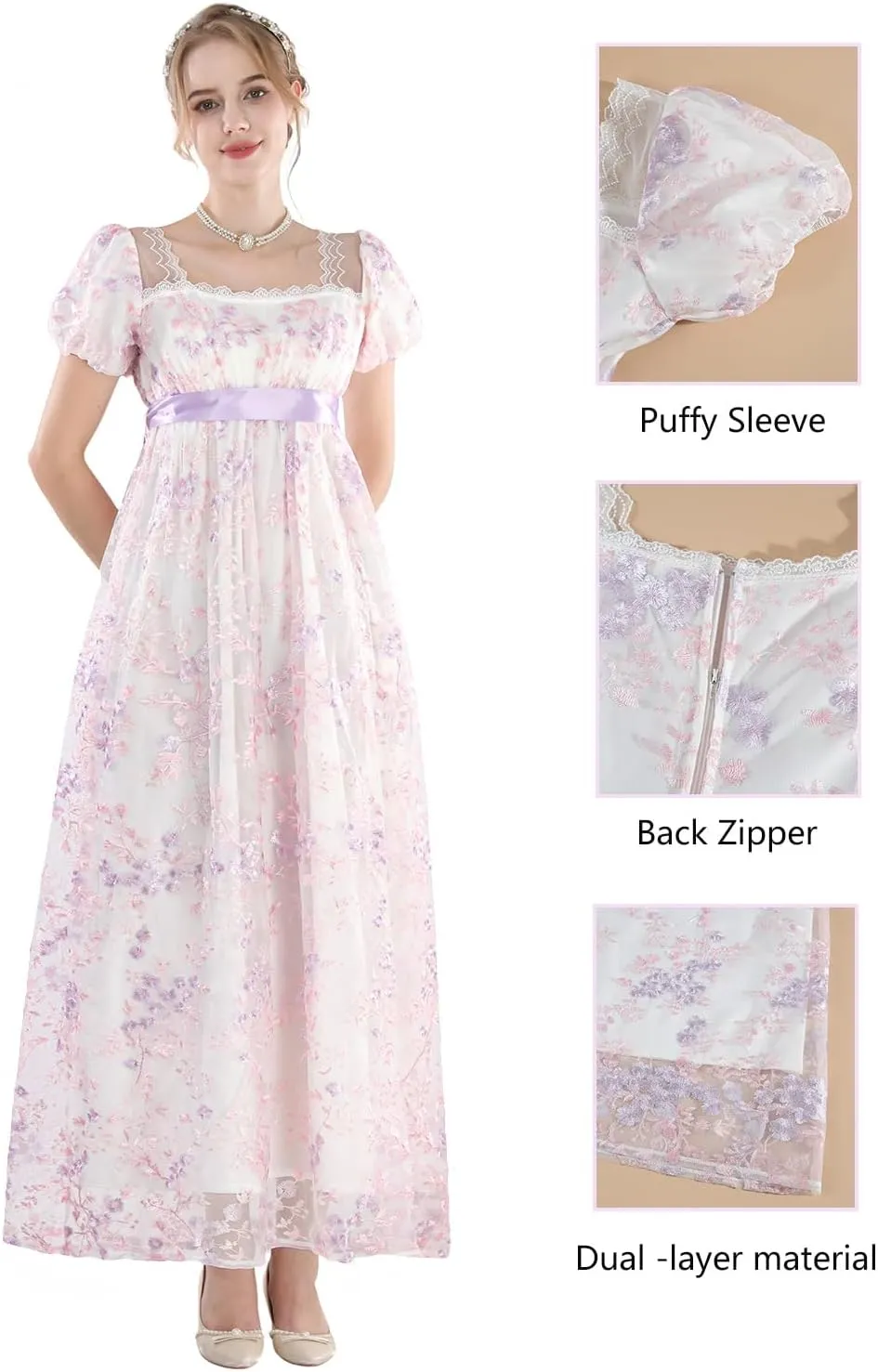 FCCAM Womens Regency Dresses Costume Empire Waist Dress Victorian Ball Gown 1800s Regency Era Dress
