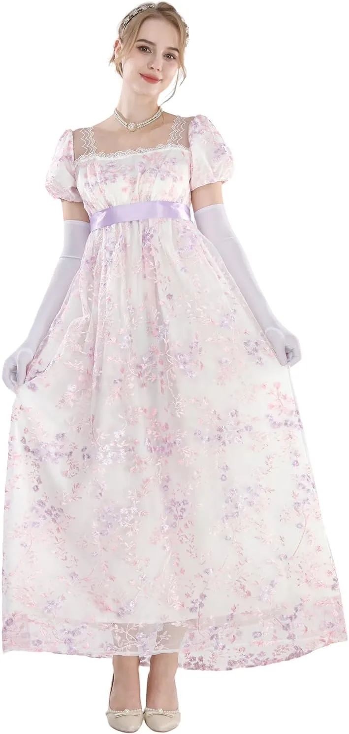 FCCAM Womens Regency Dresses Costume Empire Waist Dress Victorian Ball Gown 1800s Regency Era Dress