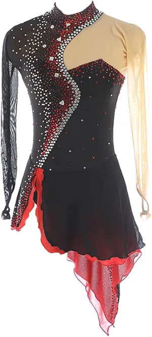 Figure Skating Dress for Girl Long Sleeve Ice Skating Competition Performance Skirt Crystals Ballet Tutu Wear