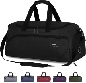 FIORETTO 50L Mens Sports Gym Duffle Bag with Wet Pocket & Shoe Compartment, Overnight Weekender Bag with Padded Shoulder Strap, Ideal for Travel, Gym, Sports, Swimming, Black