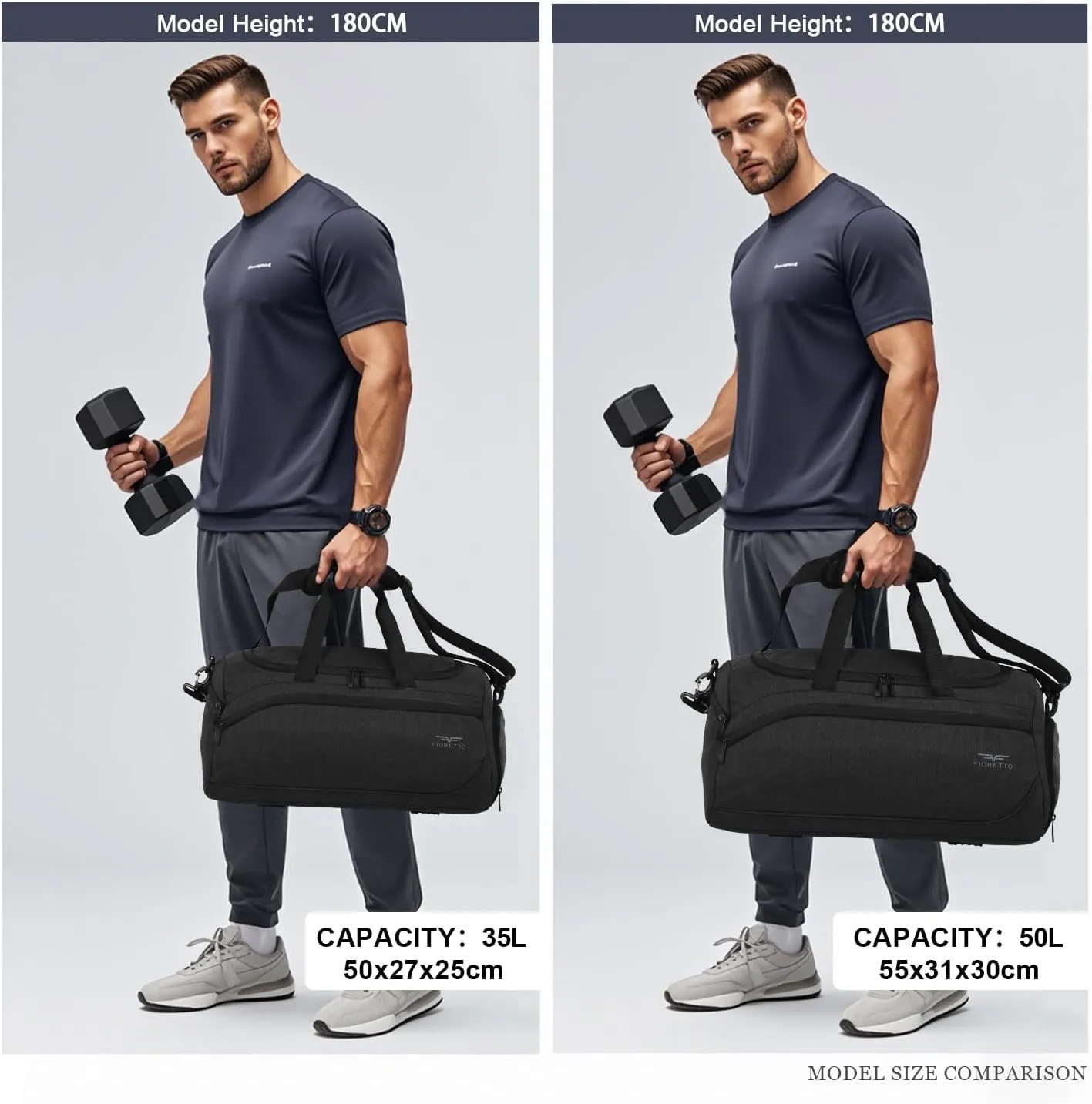 FIORETTO 50L Mens Sports Gym Duffle Bag with Wet Pocket & Shoe Compartment, Overnight Weekender Bag with Padded Shoulder Strap, Ideal for Travel, Gym, Sports, Swimming, Black