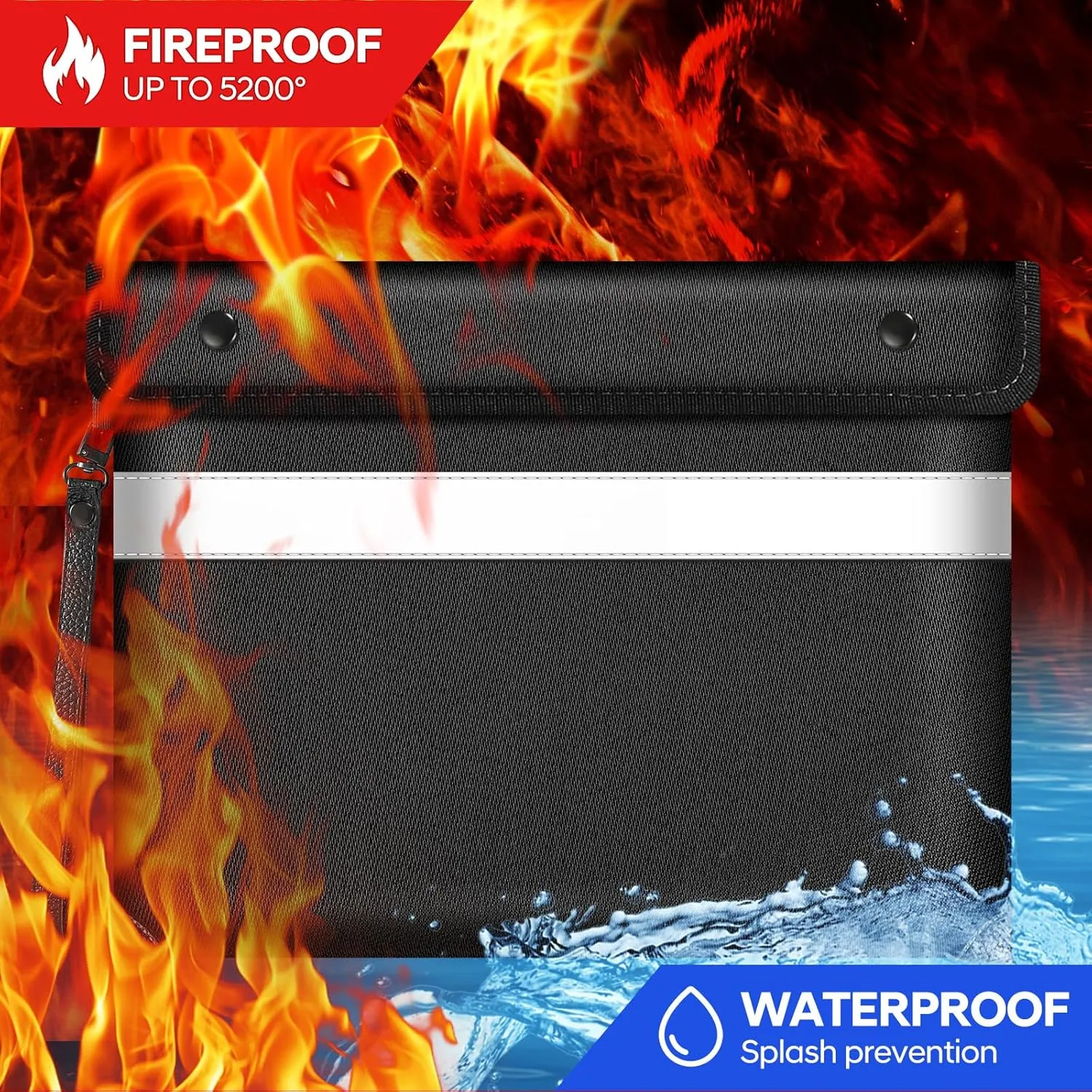 Fire Proof Money Bag for Cash 5200℉ Heat Insulated,Fireproof Waterproof Document Pouches with Double-Sided Reflective Strip,Money Envelopes for Cash,Valuables,Jewelry(11"x7.7",Black)