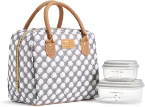 Fit & Fresh Bloomington Adult Insulated Lunch Bag with Carry Handles, Complete Lunch Kit Includes 2 Reusable Food Containers, Grey Dot