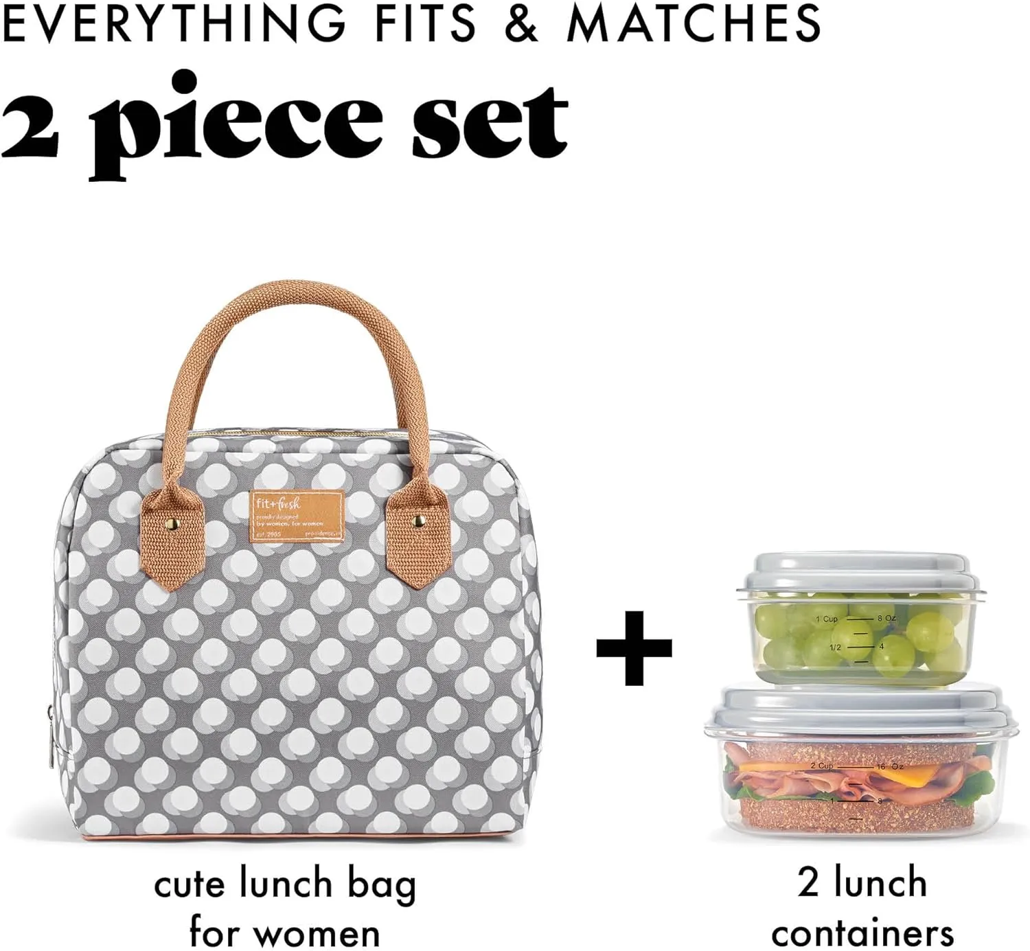 Fit & Fresh Bloomington Adult Insulated Lunch Bag with Carry Handles, Complete Lunch Kit Includes 2 Reusable Food Containers, Grey Dot
