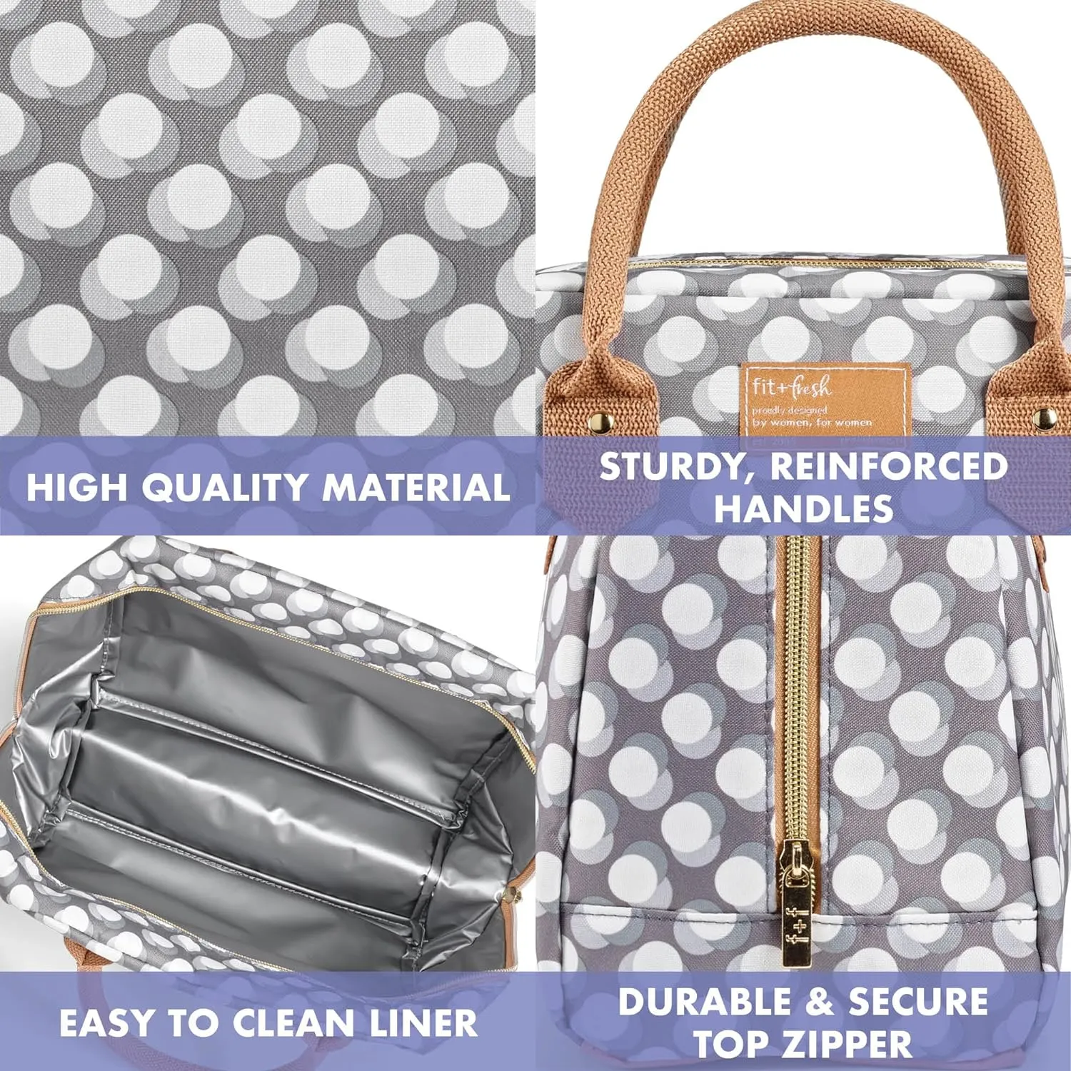 Fit & Fresh Bloomington Adult Insulated Lunch Bag with Carry Handles, Complete Lunch Kit Includes 2 Reusable Food Containers, Grey Dot