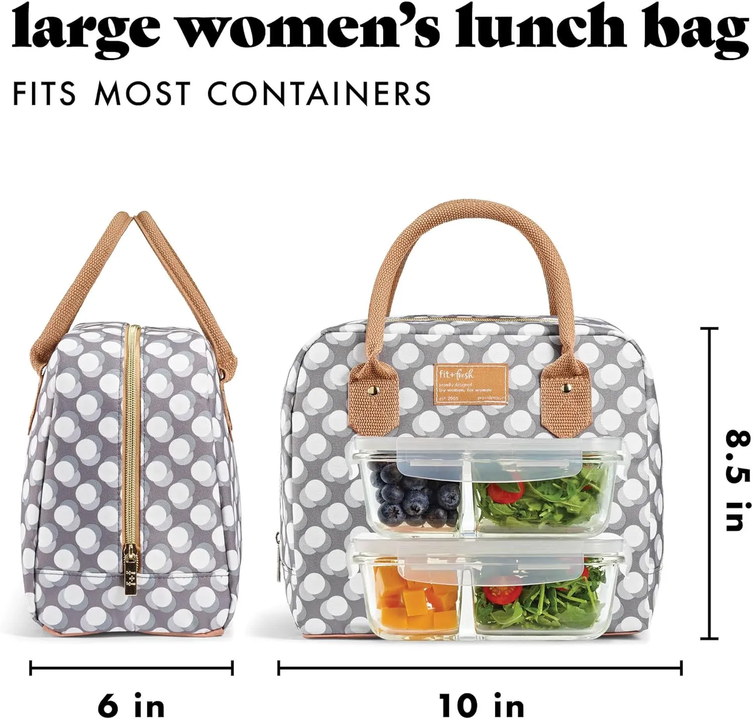 Fit & Fresh Bloomington Adult Insulated Lunch Bag with Carry Handles, Complete Lunch Kit Includes 2 Reusable Food Containers, Grey Dot