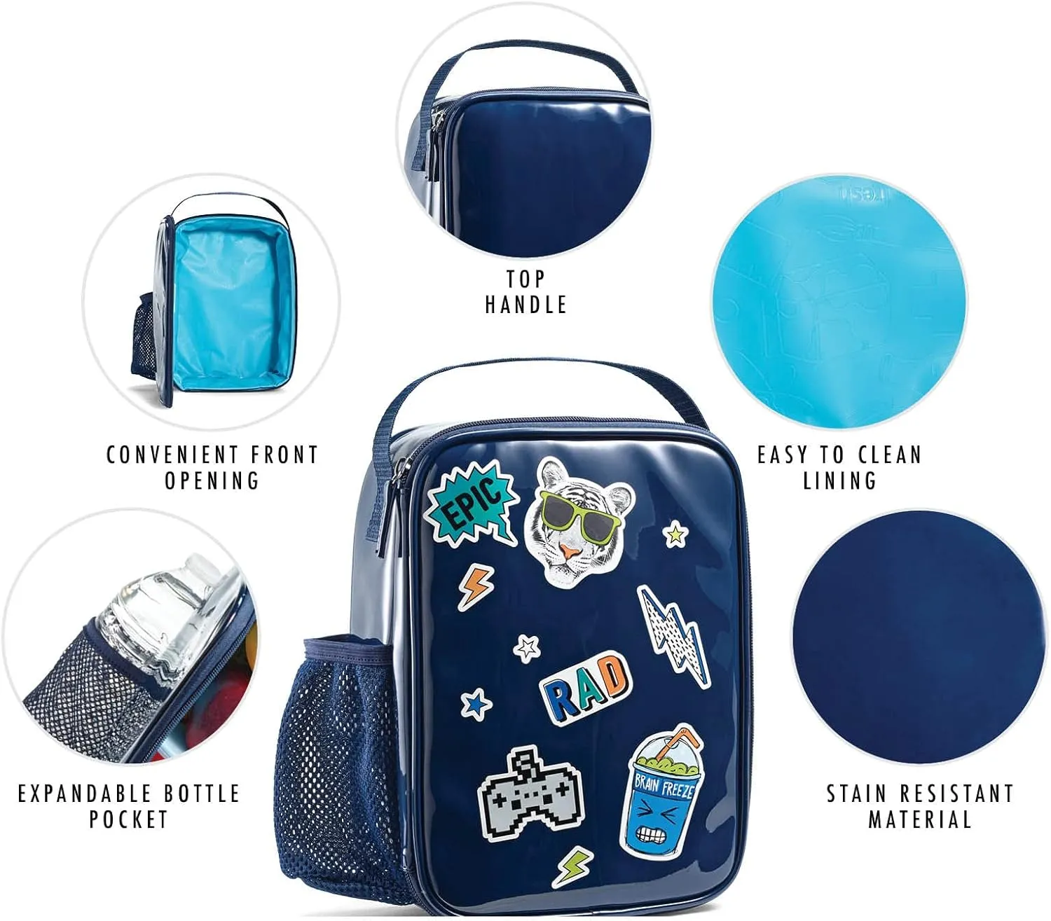 Fit   Fresh DIY Sticker Insulated Lunch Bag, Trendy Kids Lunch Box, Soft Lunch Cooler Bag, Perfect for School, Picnics, Trips & More, Navy