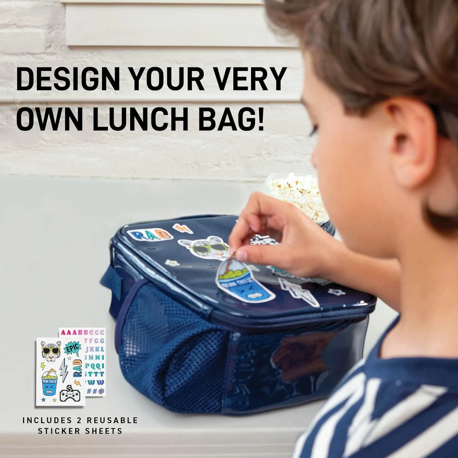 Fit   Fresh DIY Sticker Insulated Lunch Bag, Trendy Kids Lunch Box, Soft Lunch Cooler Bag, Perfect for School, Picnics, Trips & More, Navy