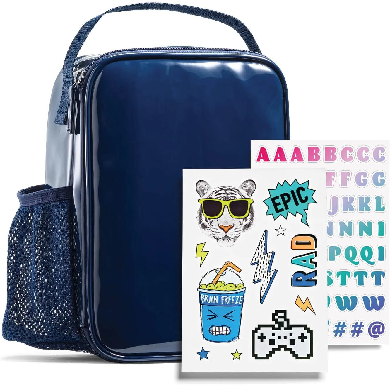 Fit   Fresh DIY Sticker Insulated Lunch Bag, Trendy Kids Lunch Box, Soft Lunch Cooler Bag, Perfect for School, Picnics, Trips & More, Navy