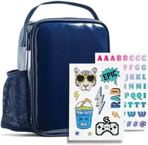 Fit   Fresh DIY Sticker Insulated Lunch Bag, Trendy Kids Lunch Box, Soft Lunch Cooler Bag, Perfect for School, Picnics, Trips & More, Navy